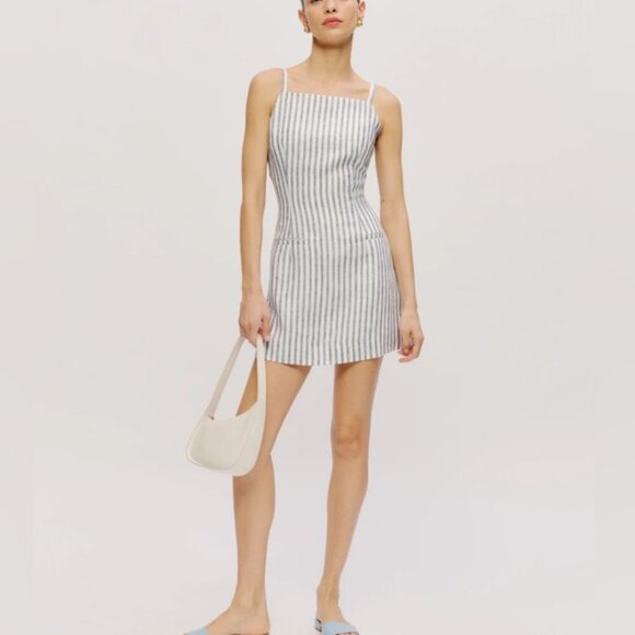 NEW Reformation Phillipa Linen Mini Dress in Antibes Stripe Blue White | size 4 - Picture 6 of 12